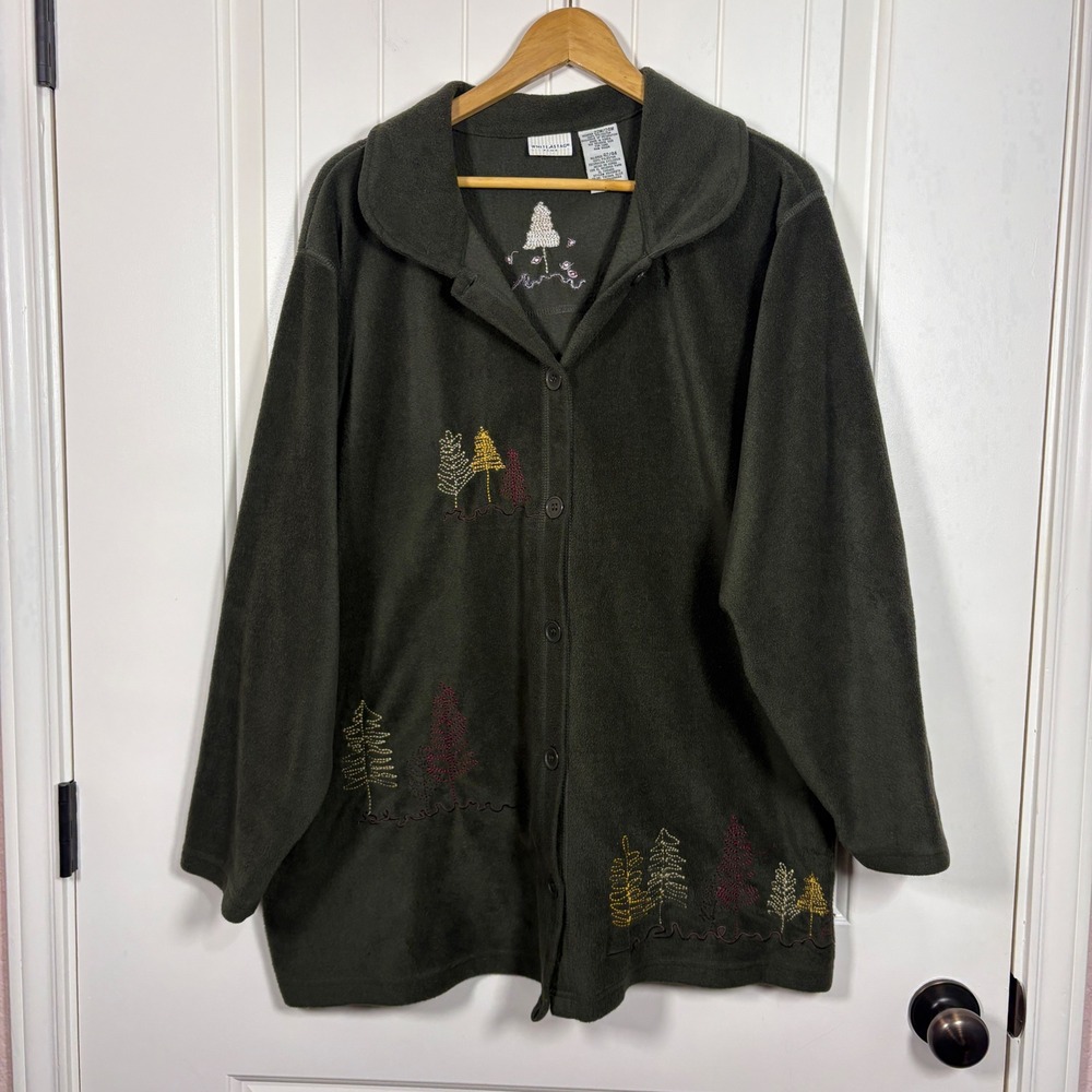 Forest Green Fleece Button Up Embroidered Jacket Plus Sz 22-24 Fall Transition - Picture 2 of 9